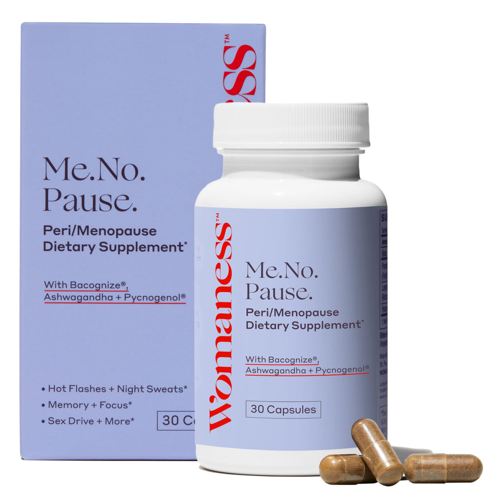 Womaness menopause supplement bottle for daily hormone-free relief.
