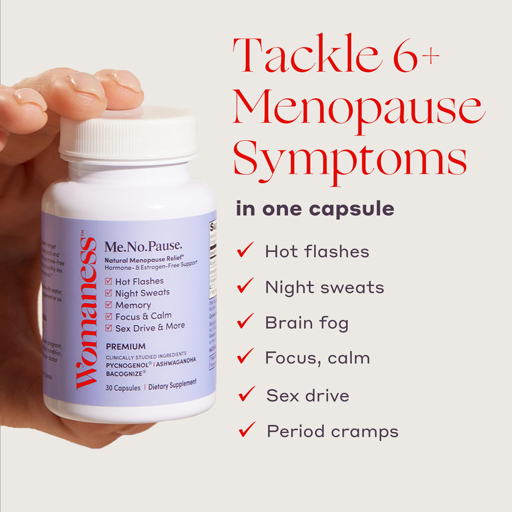 Womaness Pycnogenol capsule highlighting hot flash relief potential.