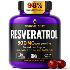 Wonder Family Resveratrol capsules shown for daily antioxidant support.