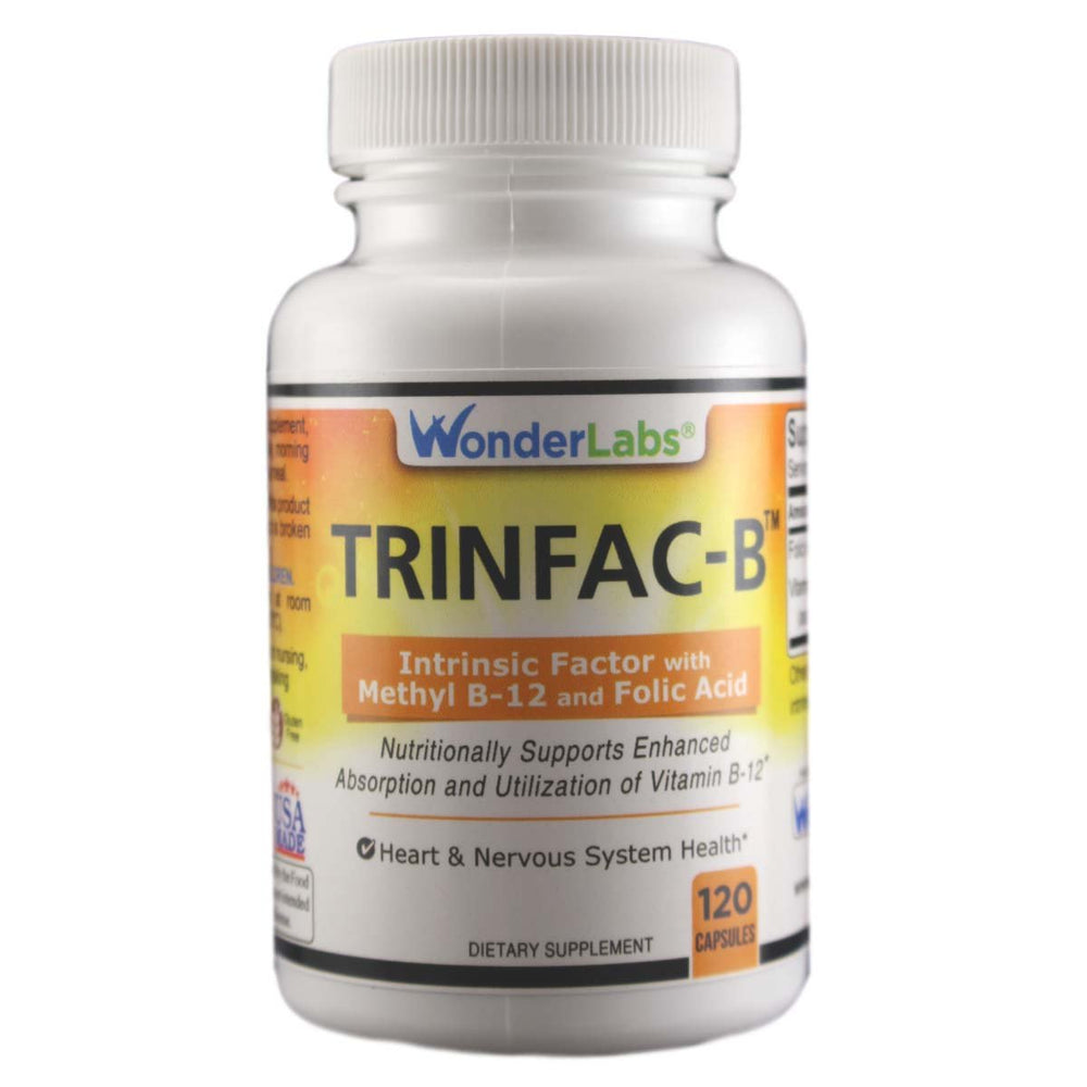 Wonder Laboratories Intrinsic Factor bottle closeup showing 120 capsules for improved B-12 absorption.