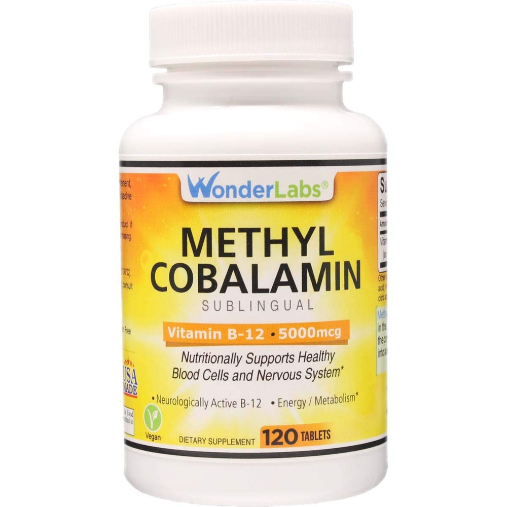Wonder Laboratories methylcobalamin B-12 sublingual bottle and tablets for daily support