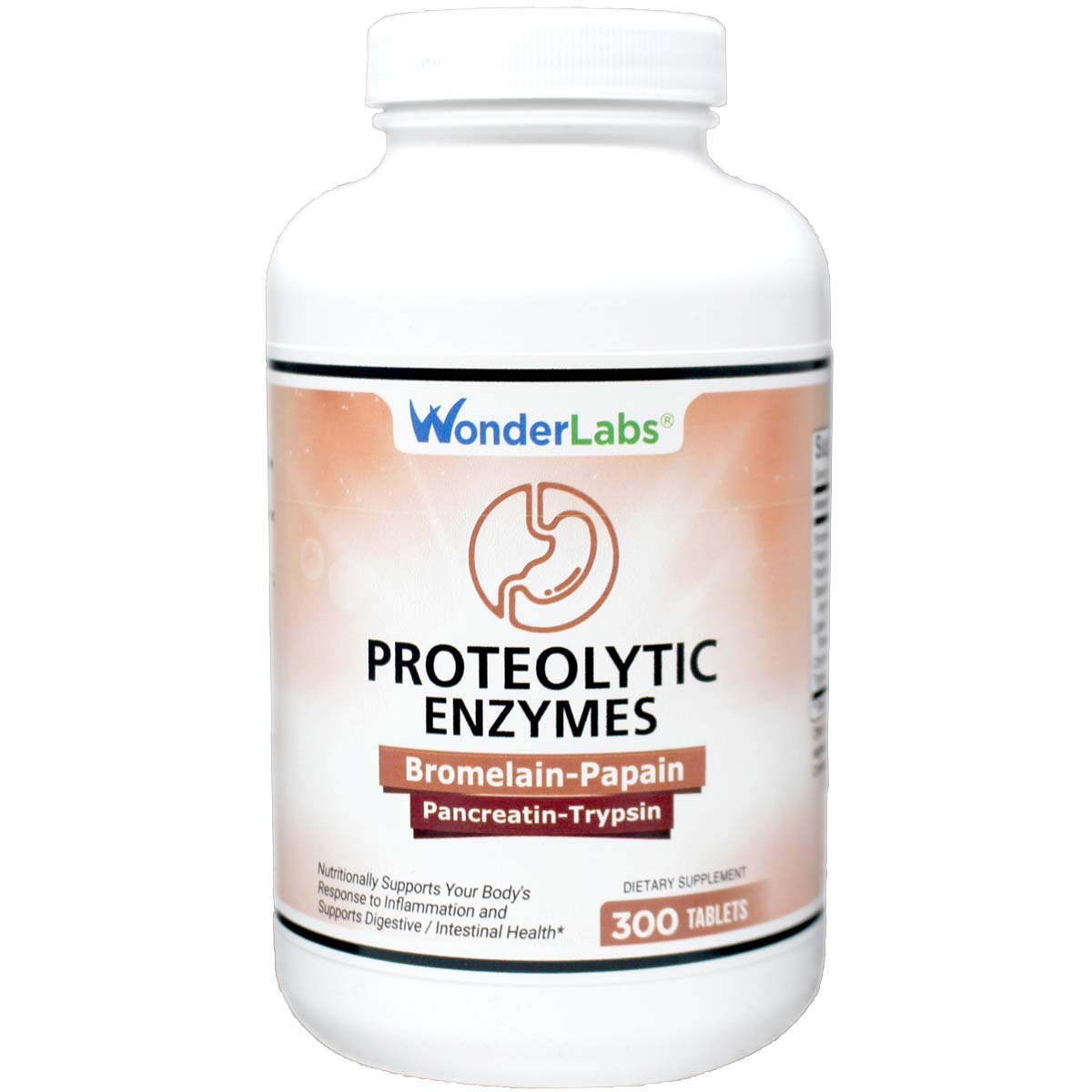 Wonder Laboratories proteolytic enzymes bottle label highlighting protein digestion support