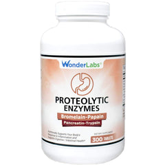 Wonder Laboratories proteolytic enzymes bottle label highlighting protein digestion support