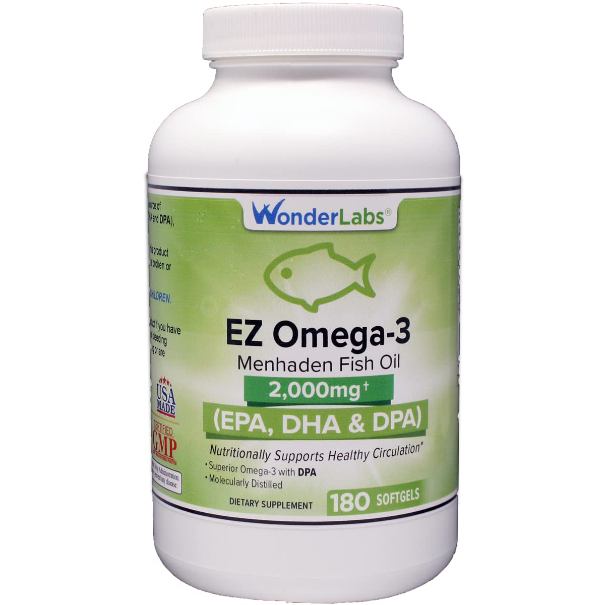 Wonder Laboratories EZ Omega-3 bottle front with burpless softgels for daily use