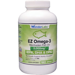 Wonder Laboratories EZ Omega-3 bottle front with burpless softgels for daily use