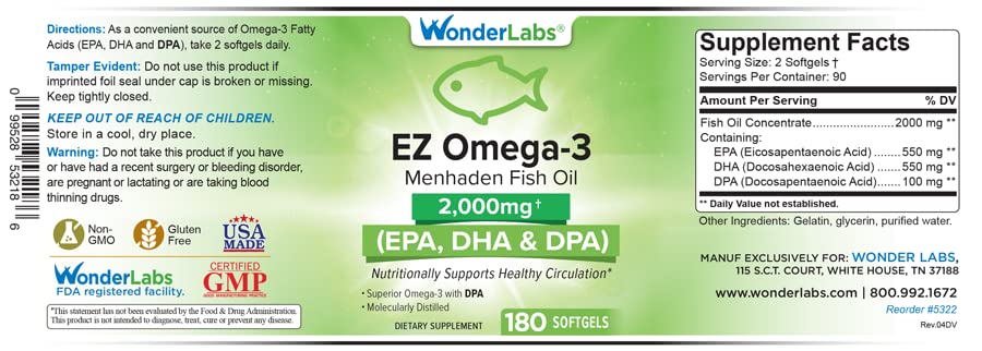 EZ Omega-3 bottle label shows EPA DHA DPA balance for a complete omega-3 profile
