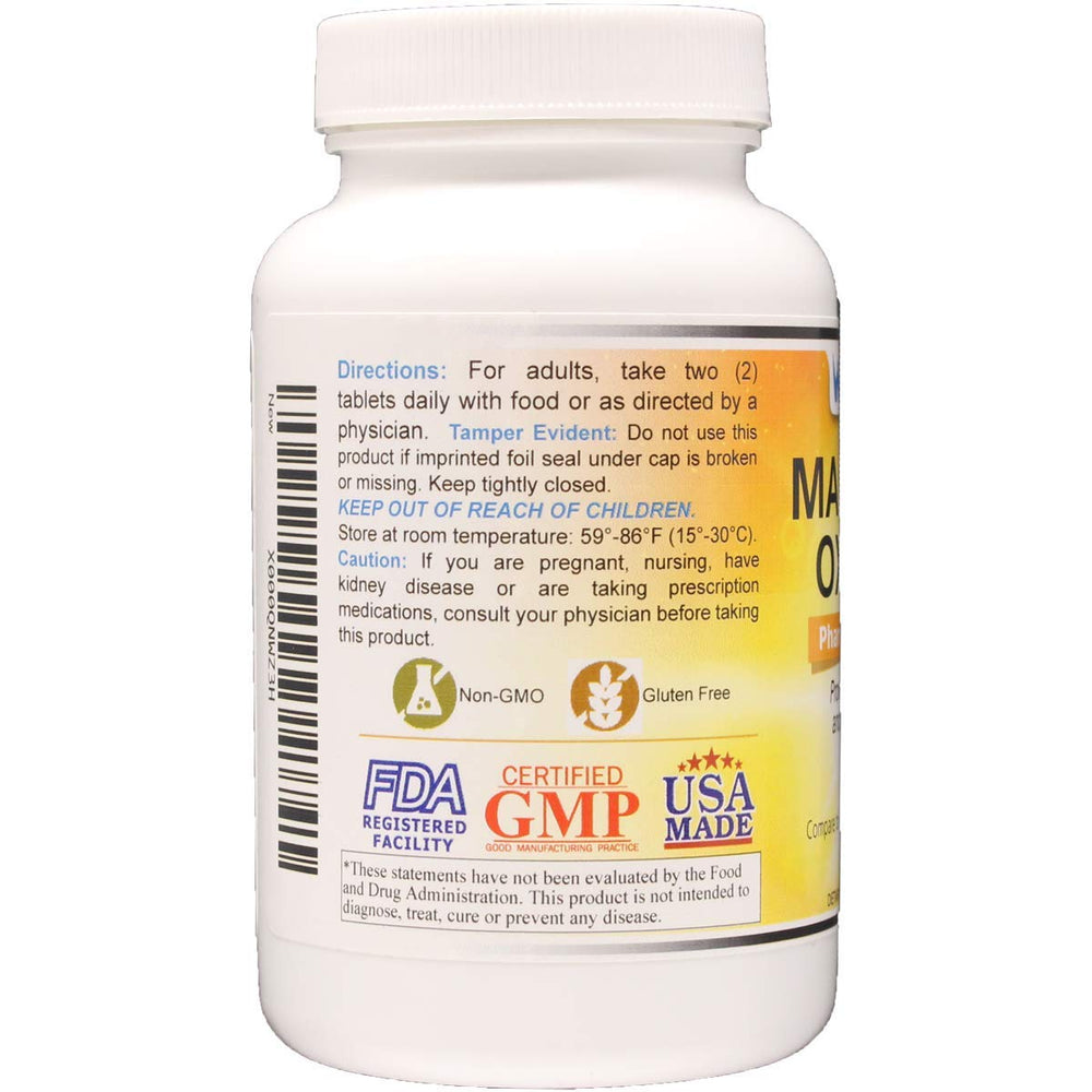 Label of Wonder Laboratories Magnesium Oxide 400 highlighting pharmaceutical grade quality.