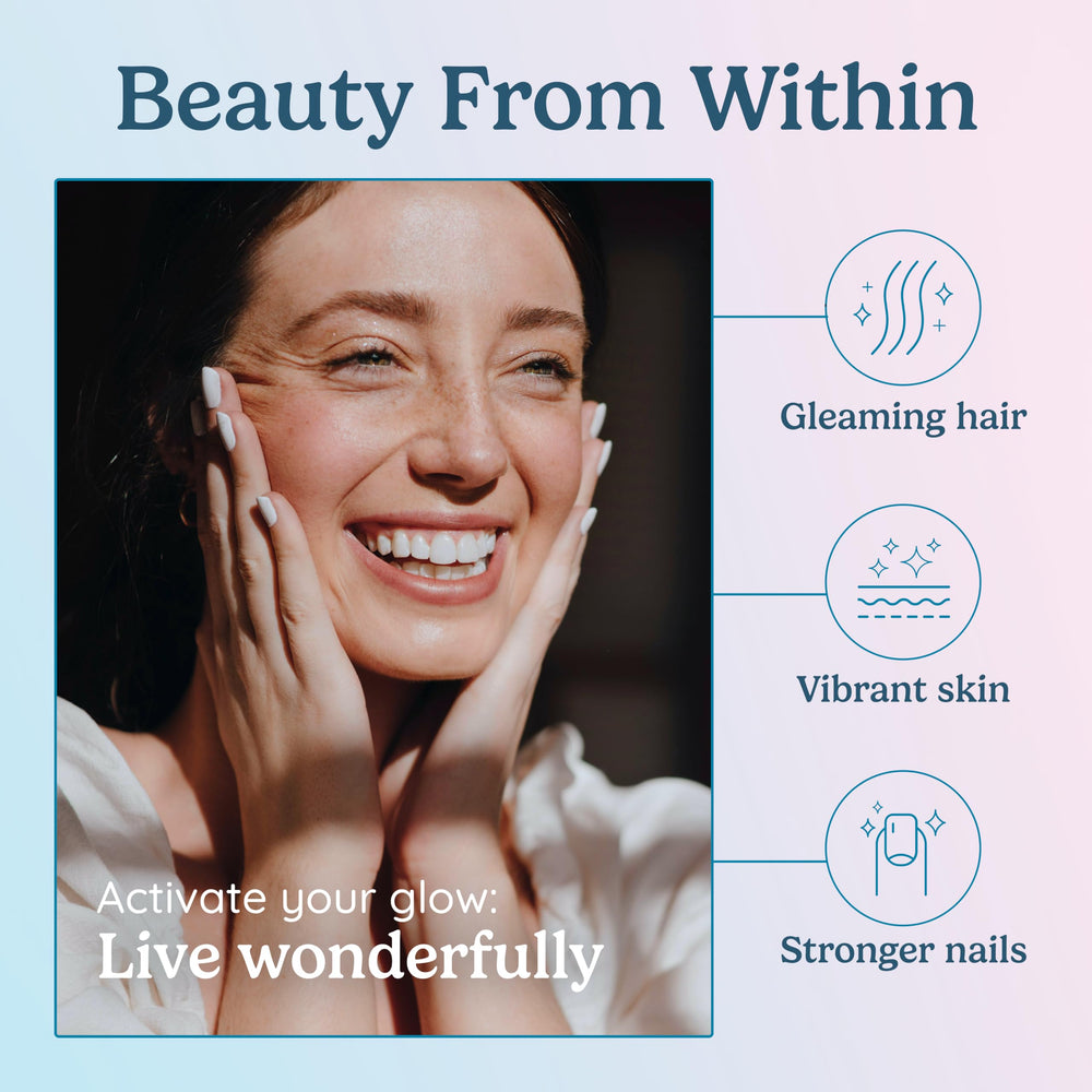 WonderCow biotin nail-health capsules on white backdrop, hinting at stronger nails.