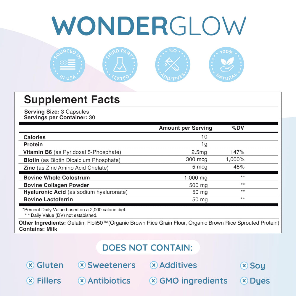 WonderCow bovine colostrum bottle label, highlighting natural ingredients and ethical sourcing.
