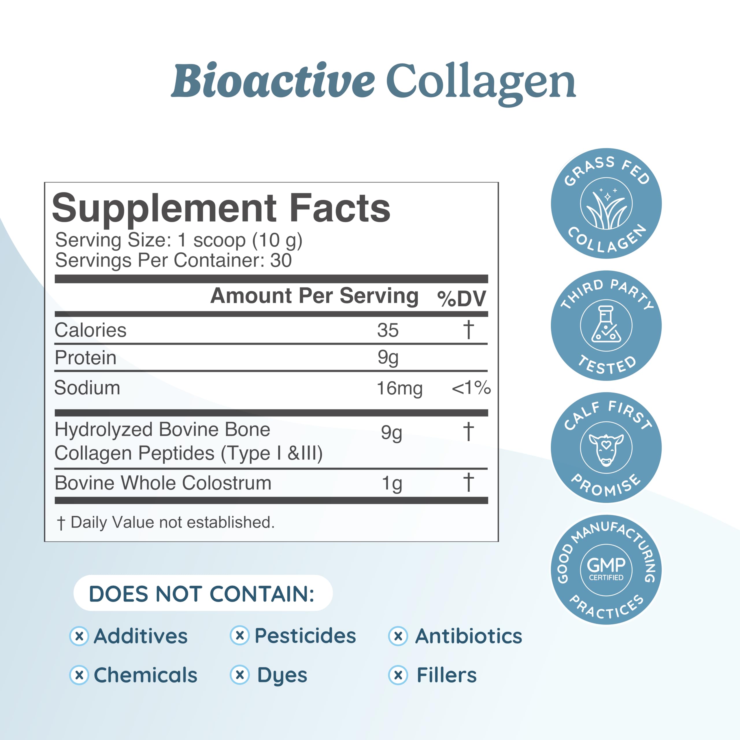 WONDERCOW collagen bottle label closeup — premium grass-fed peptides and USA colostrum.
