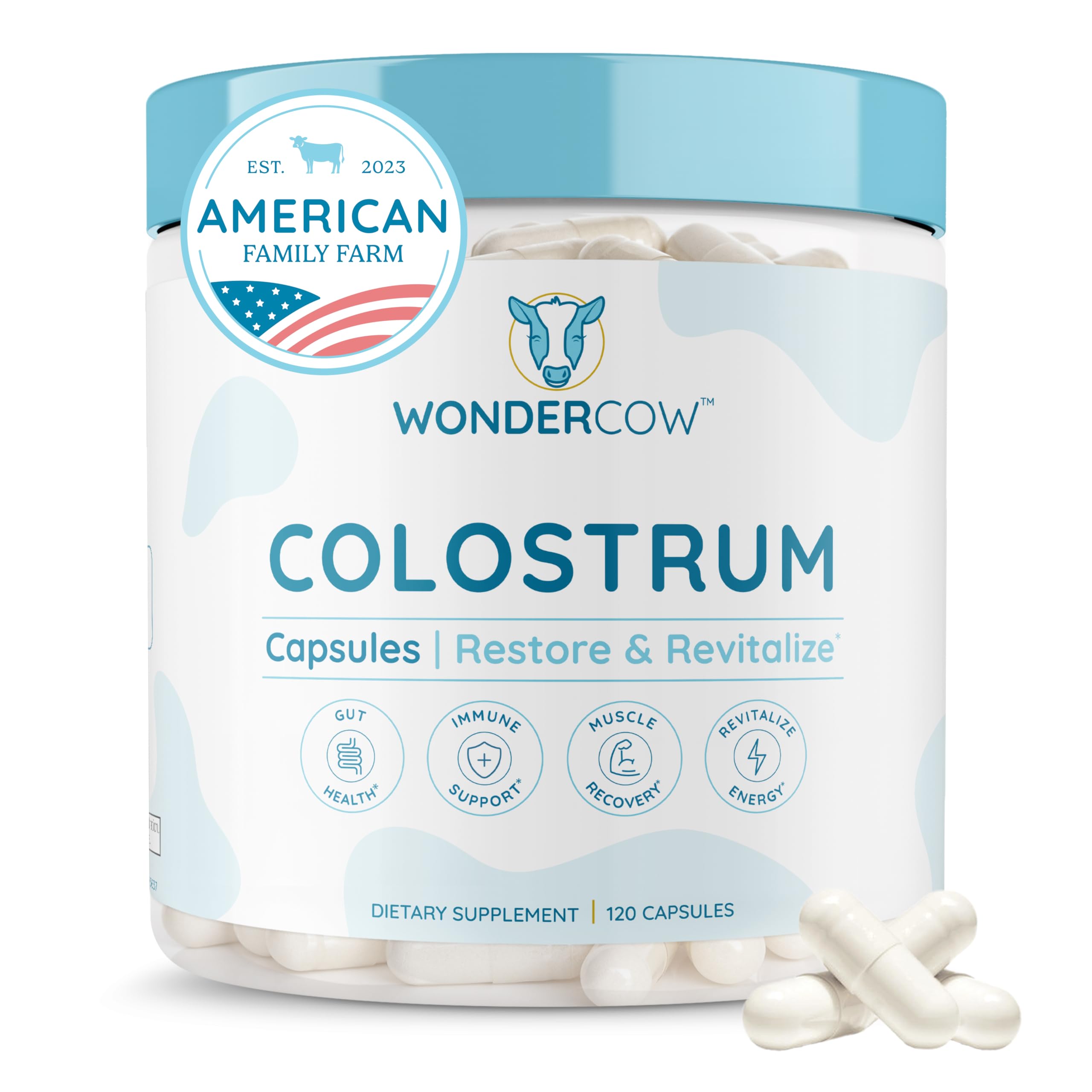 WonderCow Colostrum Capsules bottle front for gut health and immune support.