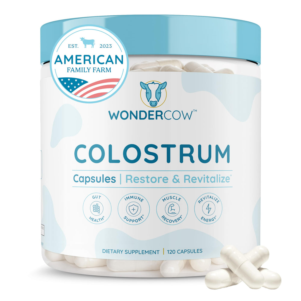 WonderCow Colostrum Capsules bottle front for gut health and immune support.