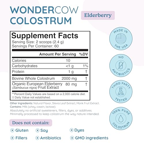 WONDERCOW Colostrum powder scoop beside a 60-serving container.