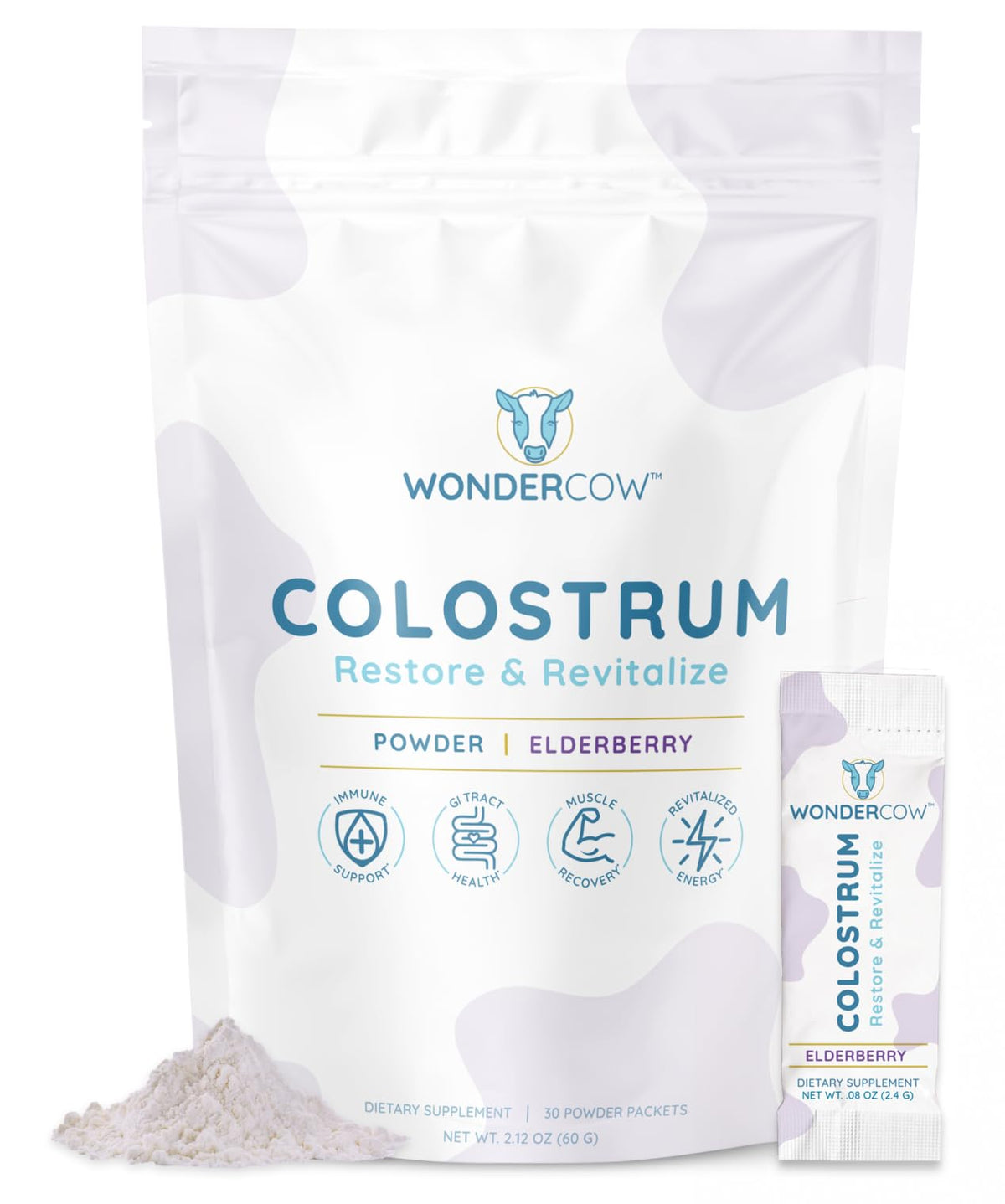WonderCow colostrum powder bottle label highlights high IgG and elderberry for immune support.