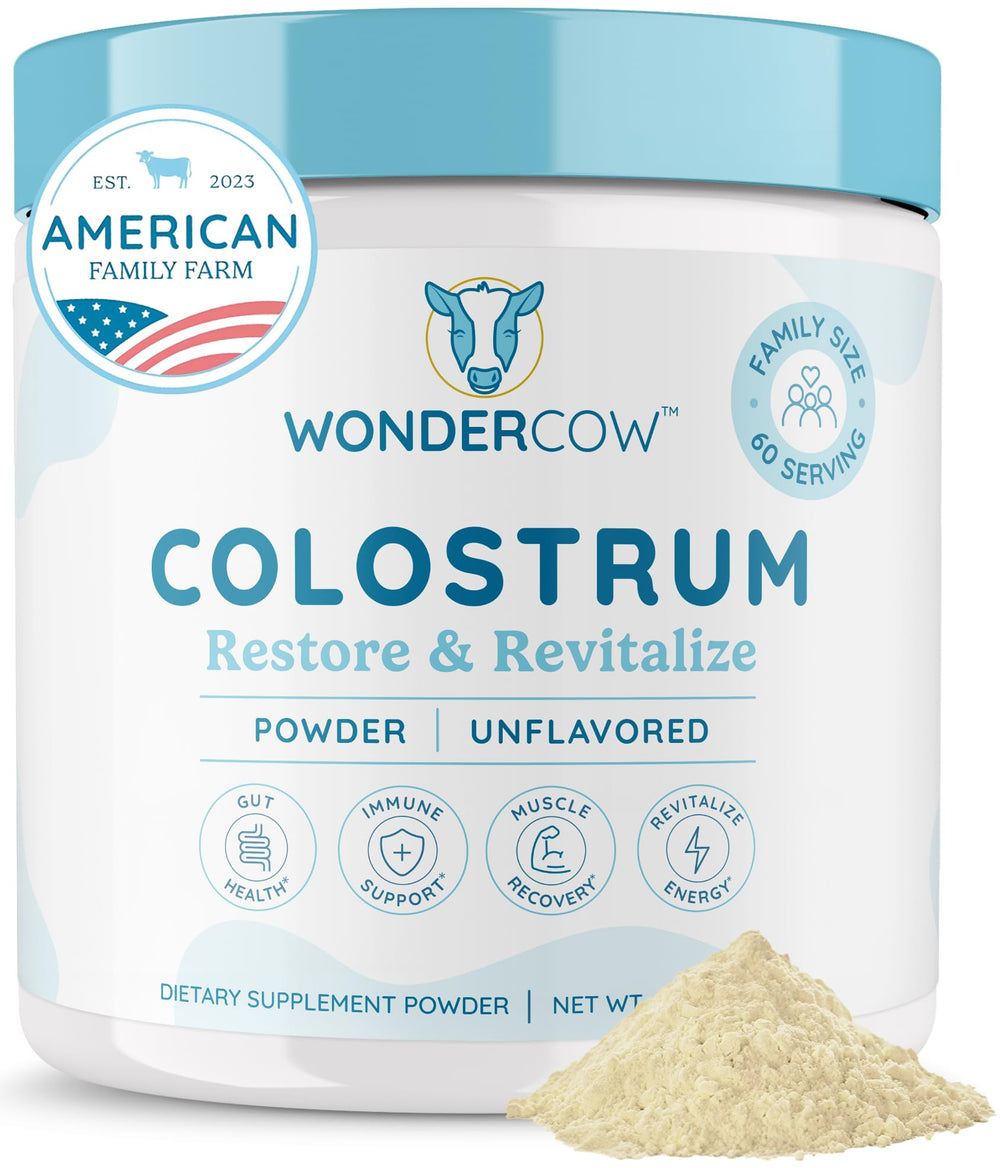 WonderCow colostrum powder bottle on shelf for daily immune and gut support.