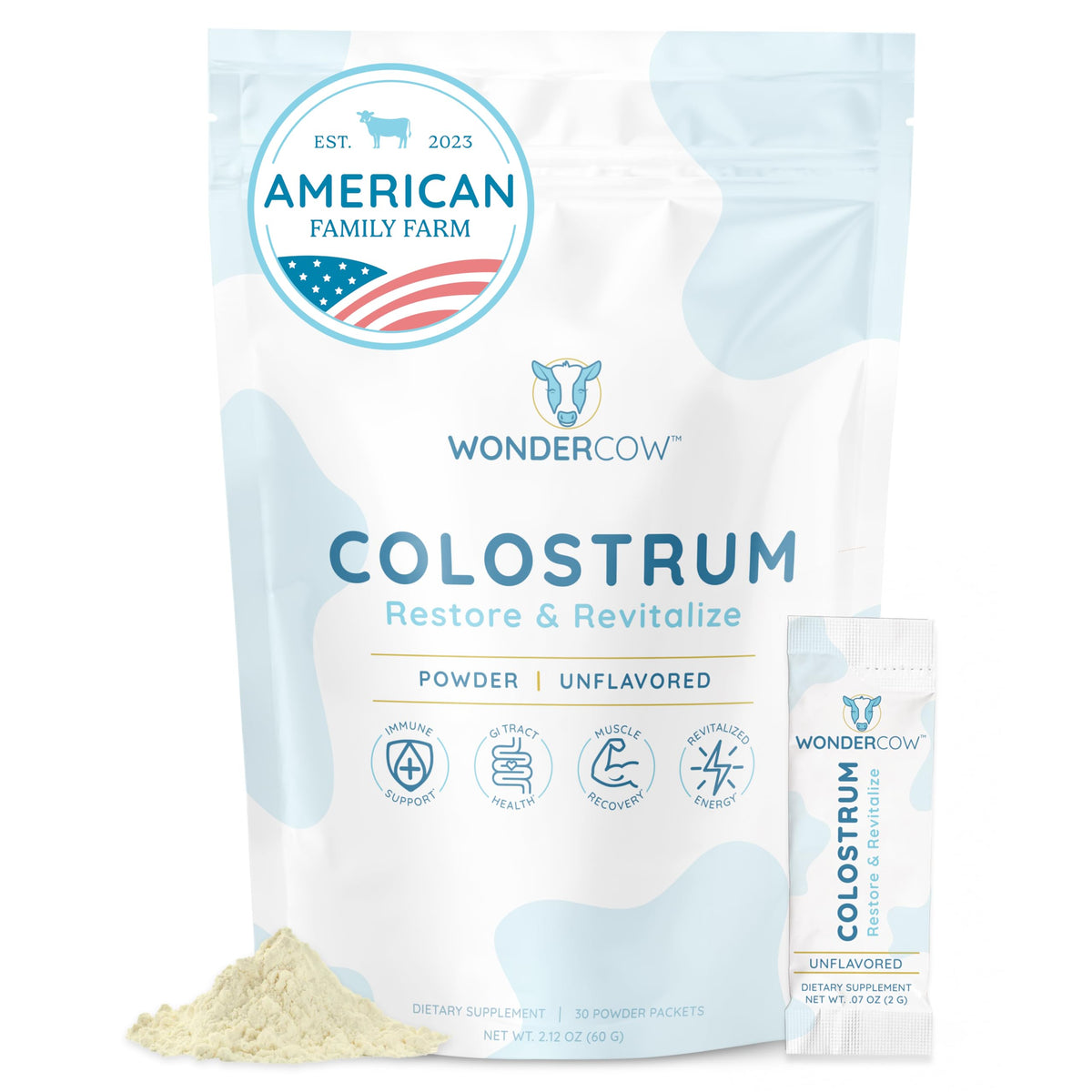 WonderCow colostrum powder bottle highlights full-spectrum nutrients for daily health.
