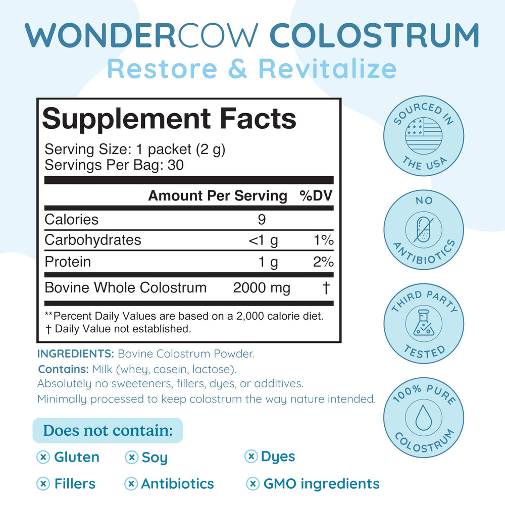 WonderCow colostrum powder close-up shows creamy texture ideal for smoothies.