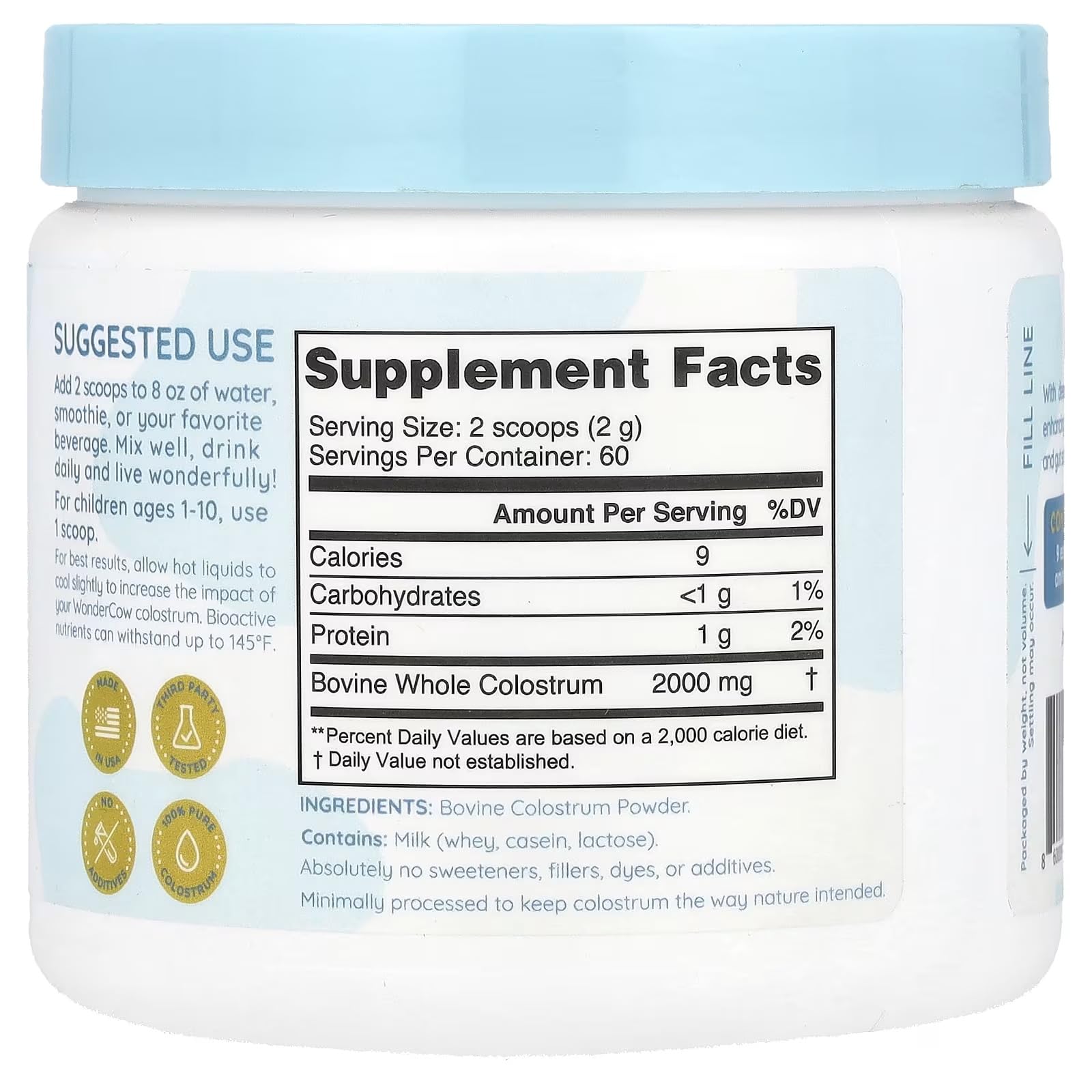 WonderCow colostrum powder label close-up highlighting pure, unflavored formula.
