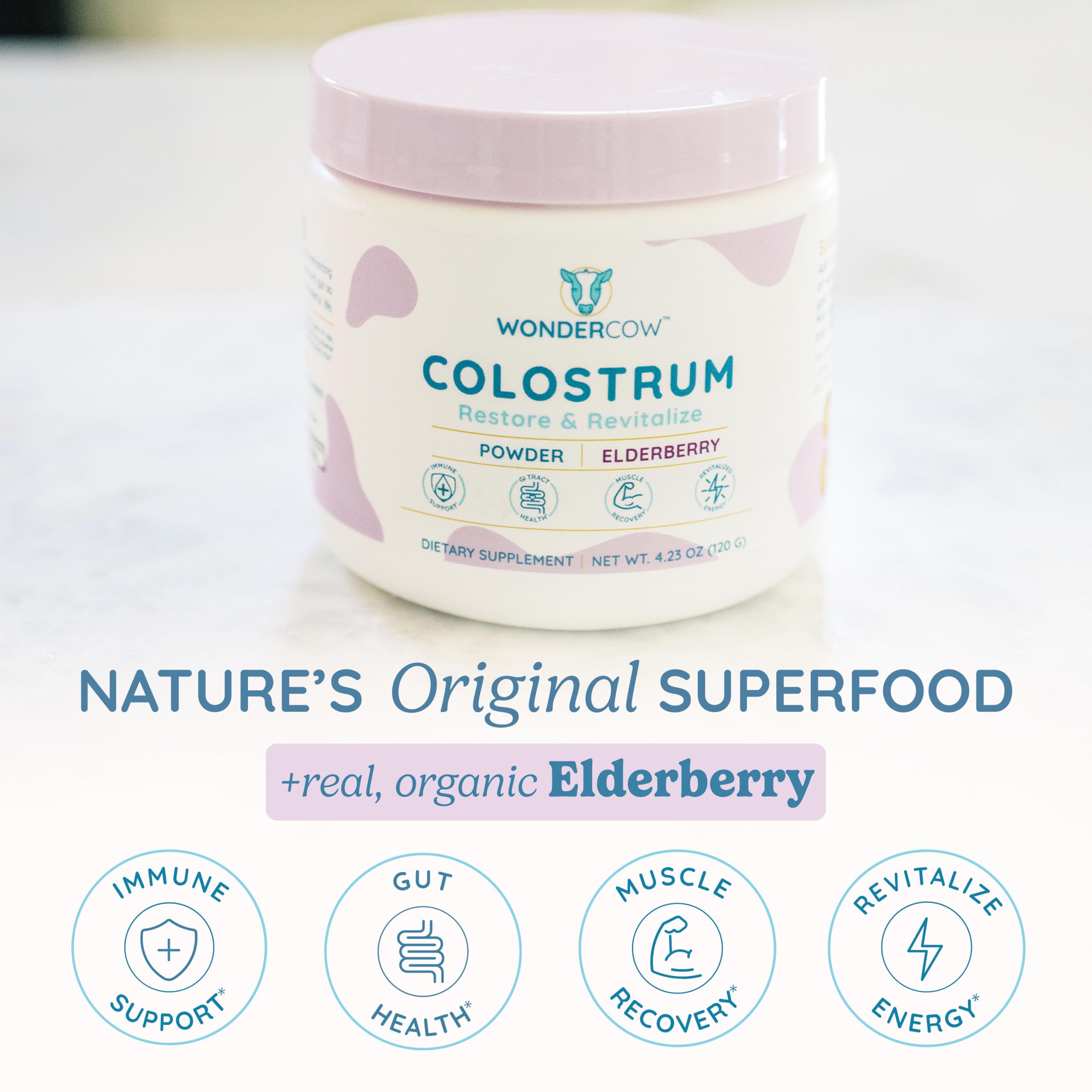 WONDERCOW Colostrum powder texture close-up for smoothies and shakes.