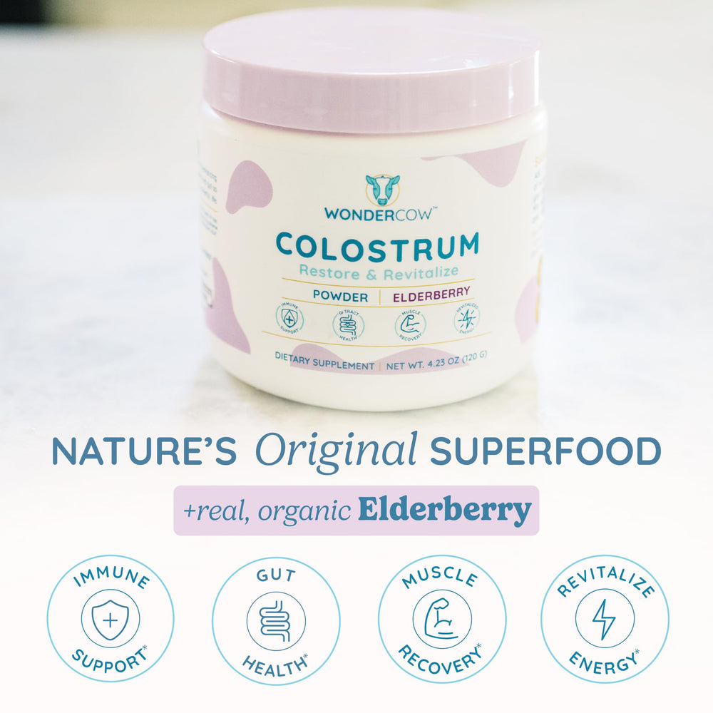 WONDERCOW Colostrum powder texture close-up for smoothies and shakes.