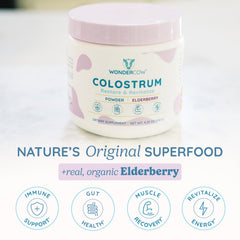 WONDERCOW Colostrum powder texture close-up for smoothies and shakes.