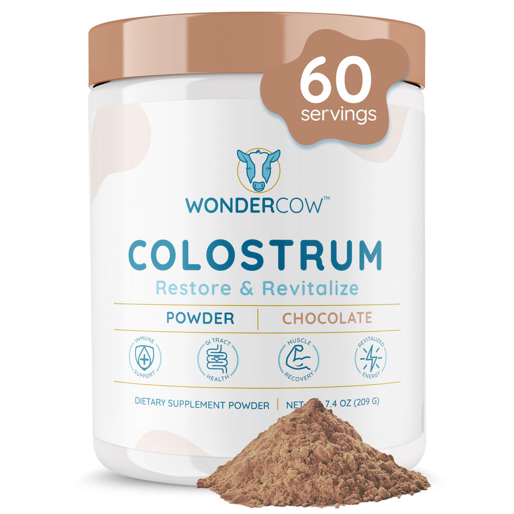 WonderCow colostrum powder tub with chocolate flavor, ideal for daily immune support