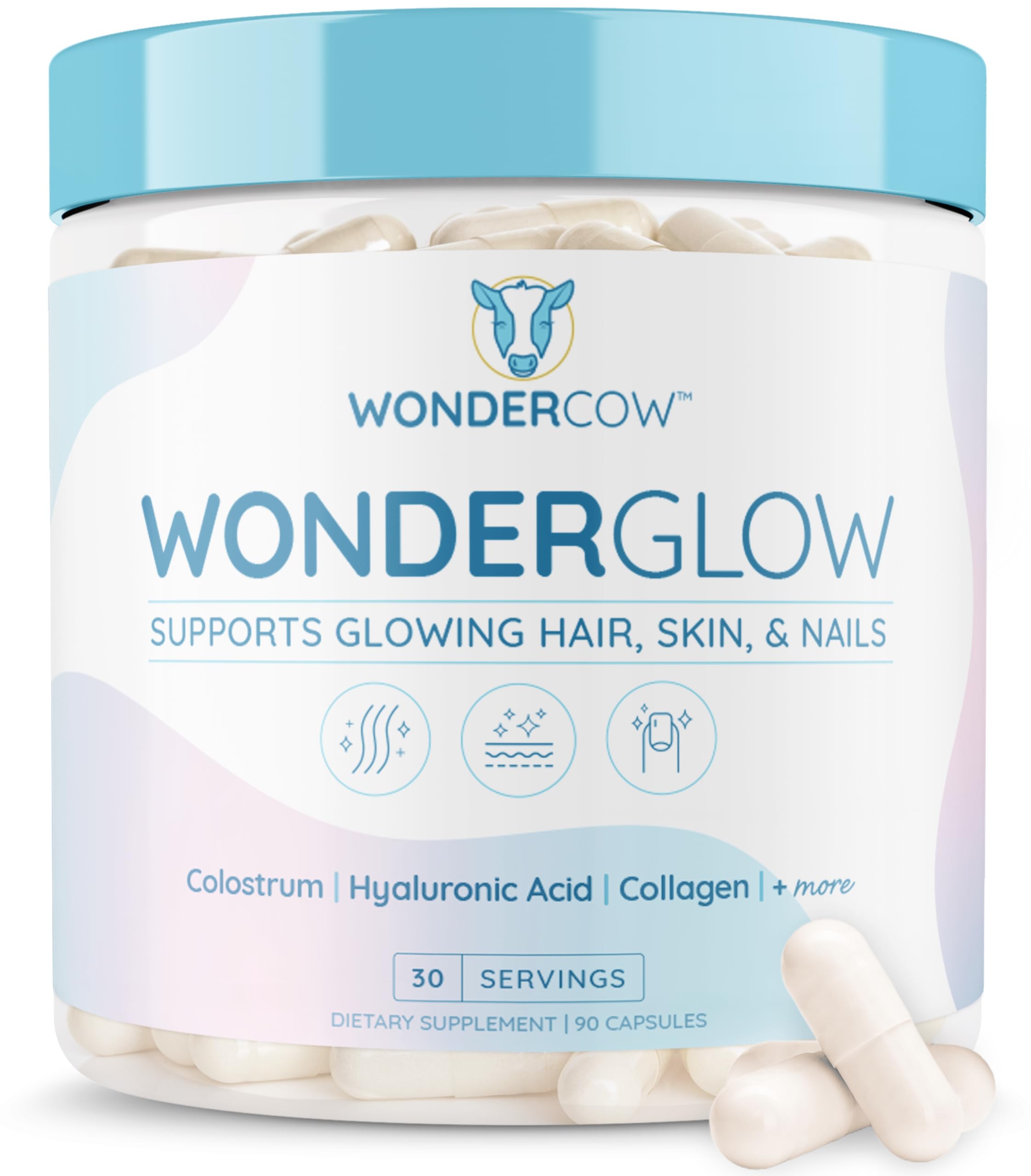 WonderCow hair skin nails capsules front view, potentially supporting radiant hair and skin.