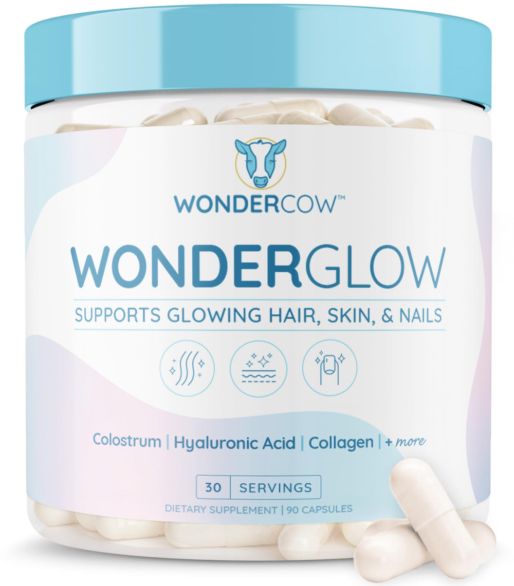 WonderCow hair skin nails capsules front view, potentially supporting radiant hair and skin.