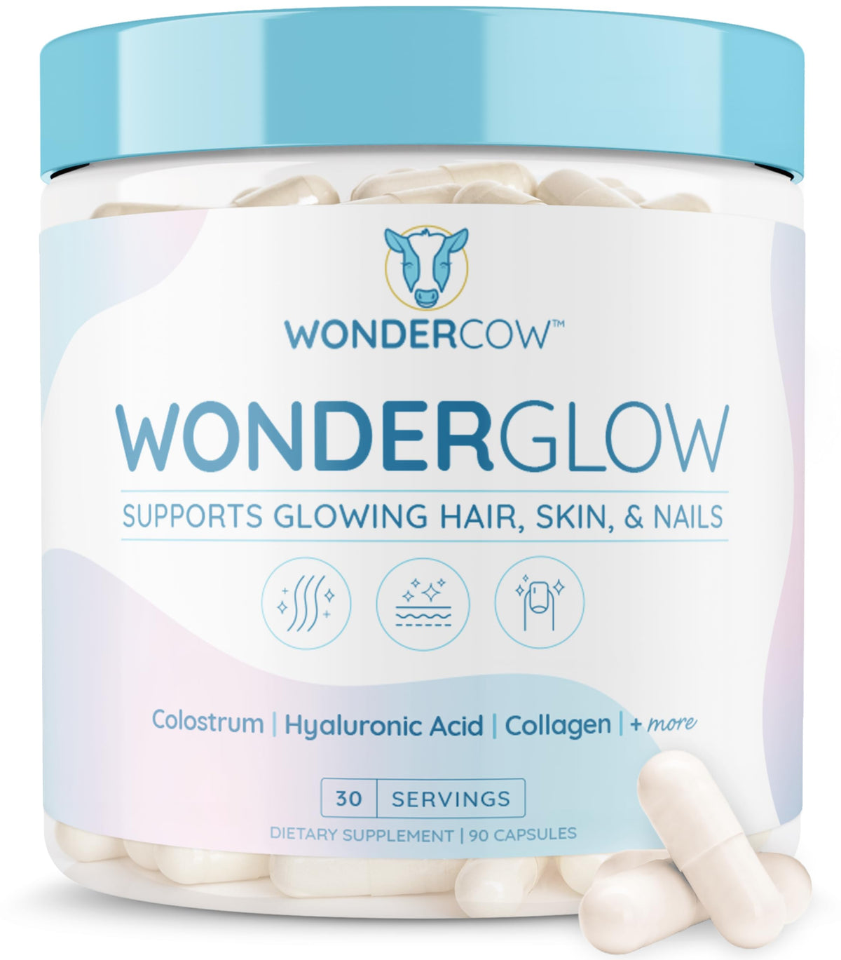 WonderCow hair skin nails capsules front view, potentially supporting radiant hair and skin.
