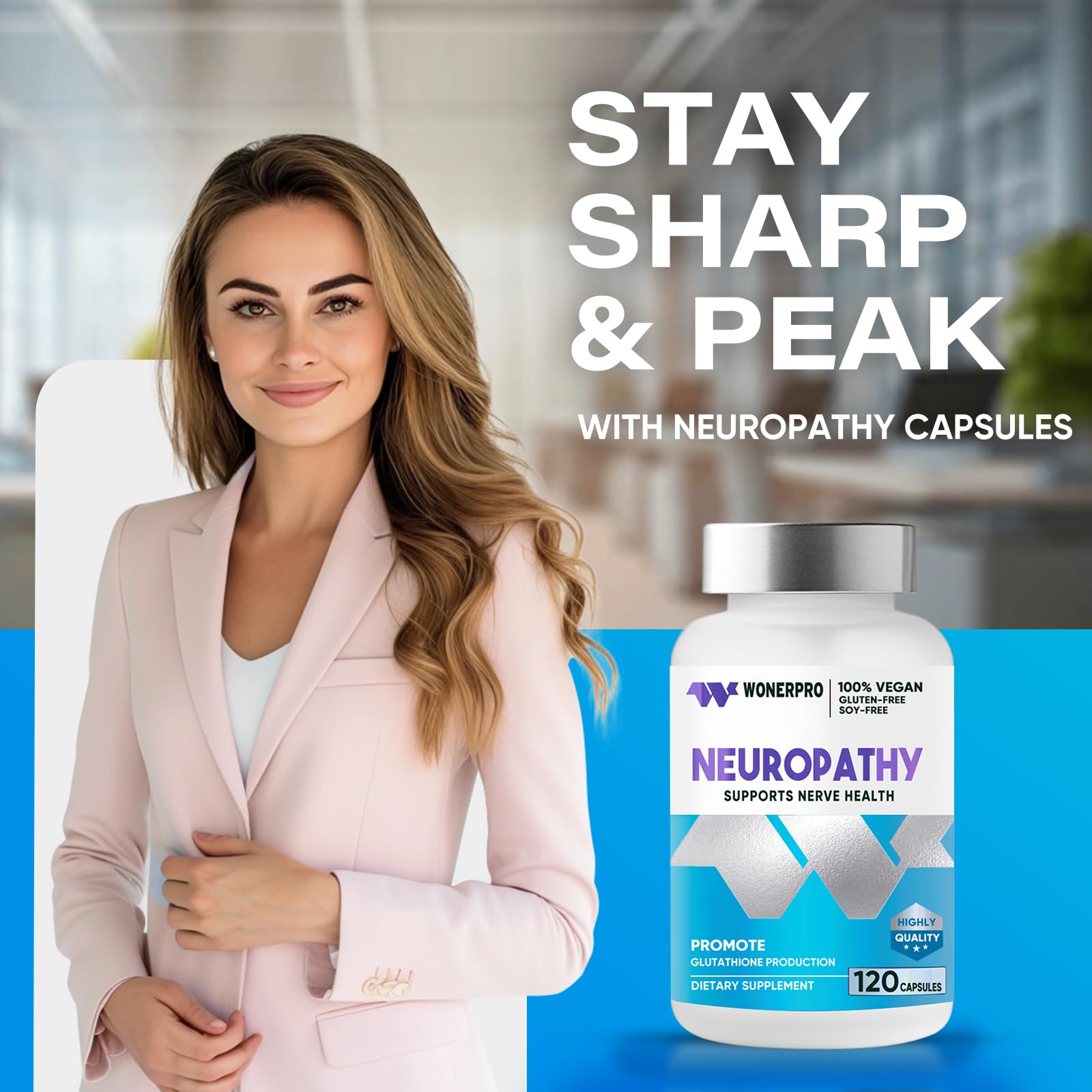 Close-up of WONERPRO Nerve Savior capsules highlighting the alpha lipoic acid formula.