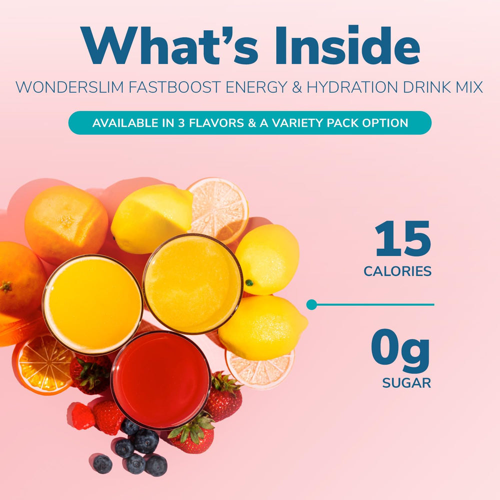 Close-up of WonderSlim FAST BOOST bottle highlighting electrolytes and vitamins