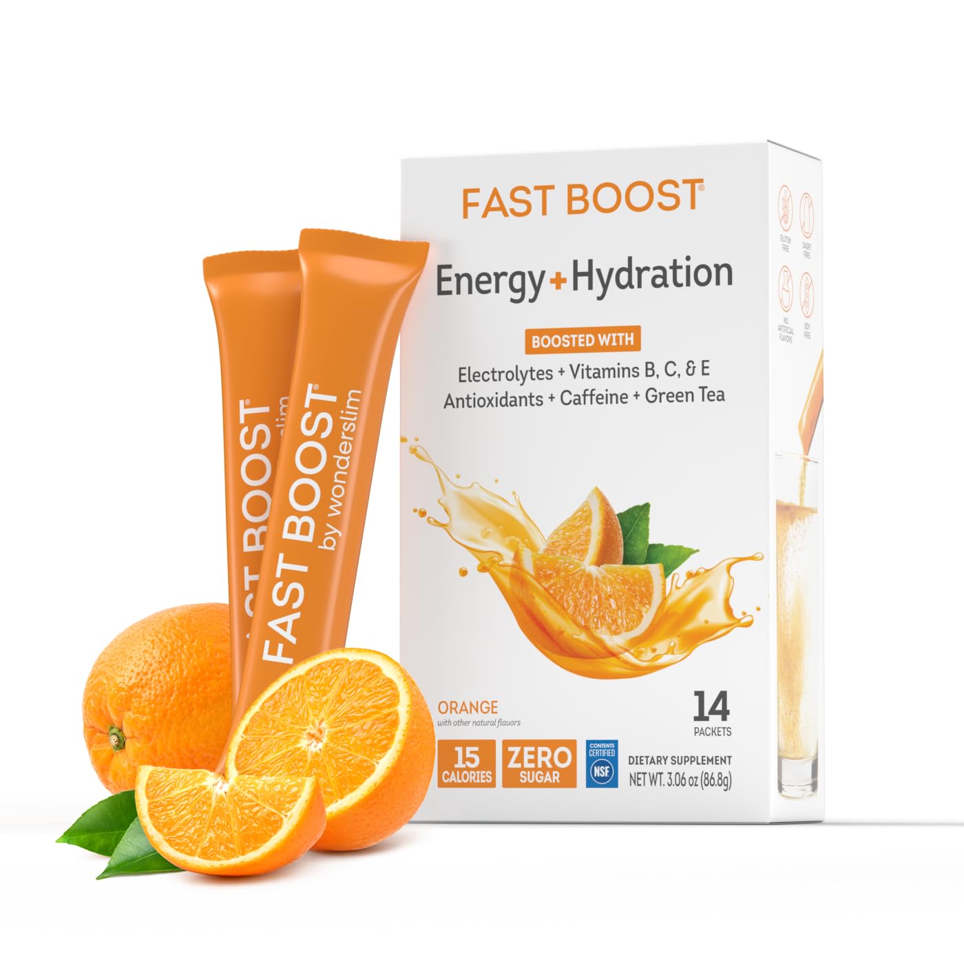WonderSlim FAST BOOST orange stick pack ready to mix in water for hydration