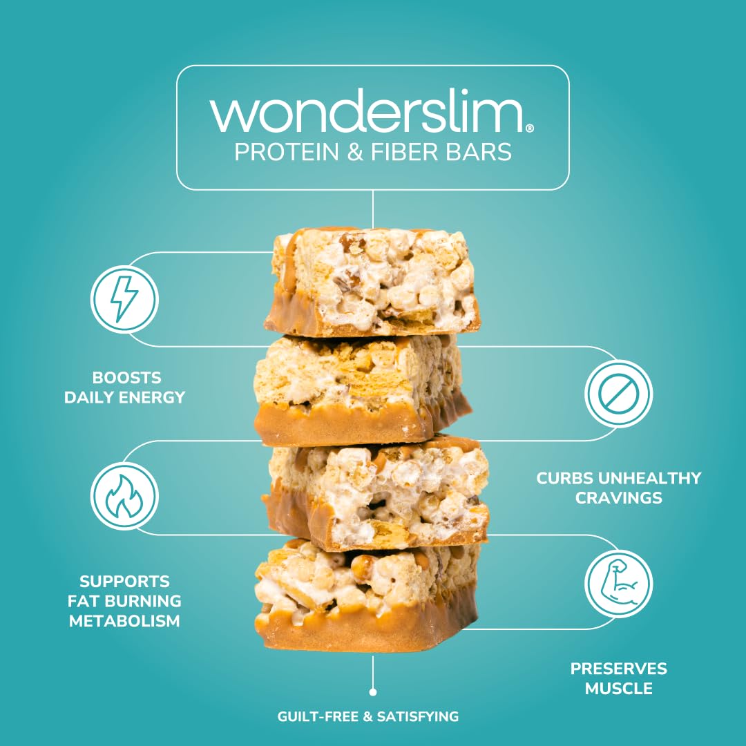 Wonderslim high-fiber protein bar nutrition facts panel shows 15g protein and fiber.