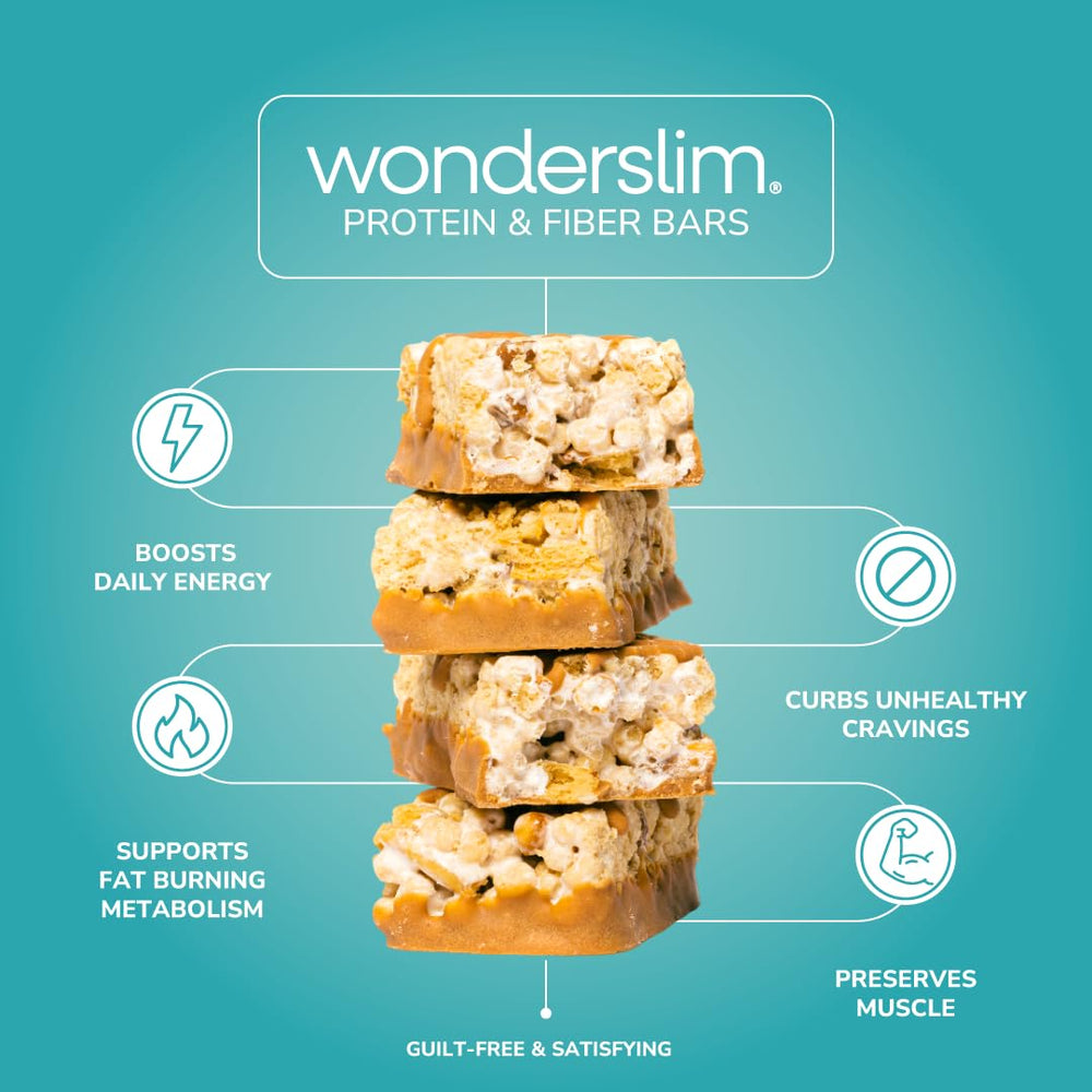 Wonderslim high-fiber protein bar nutrition facts panel shows 15g protein and fiber.