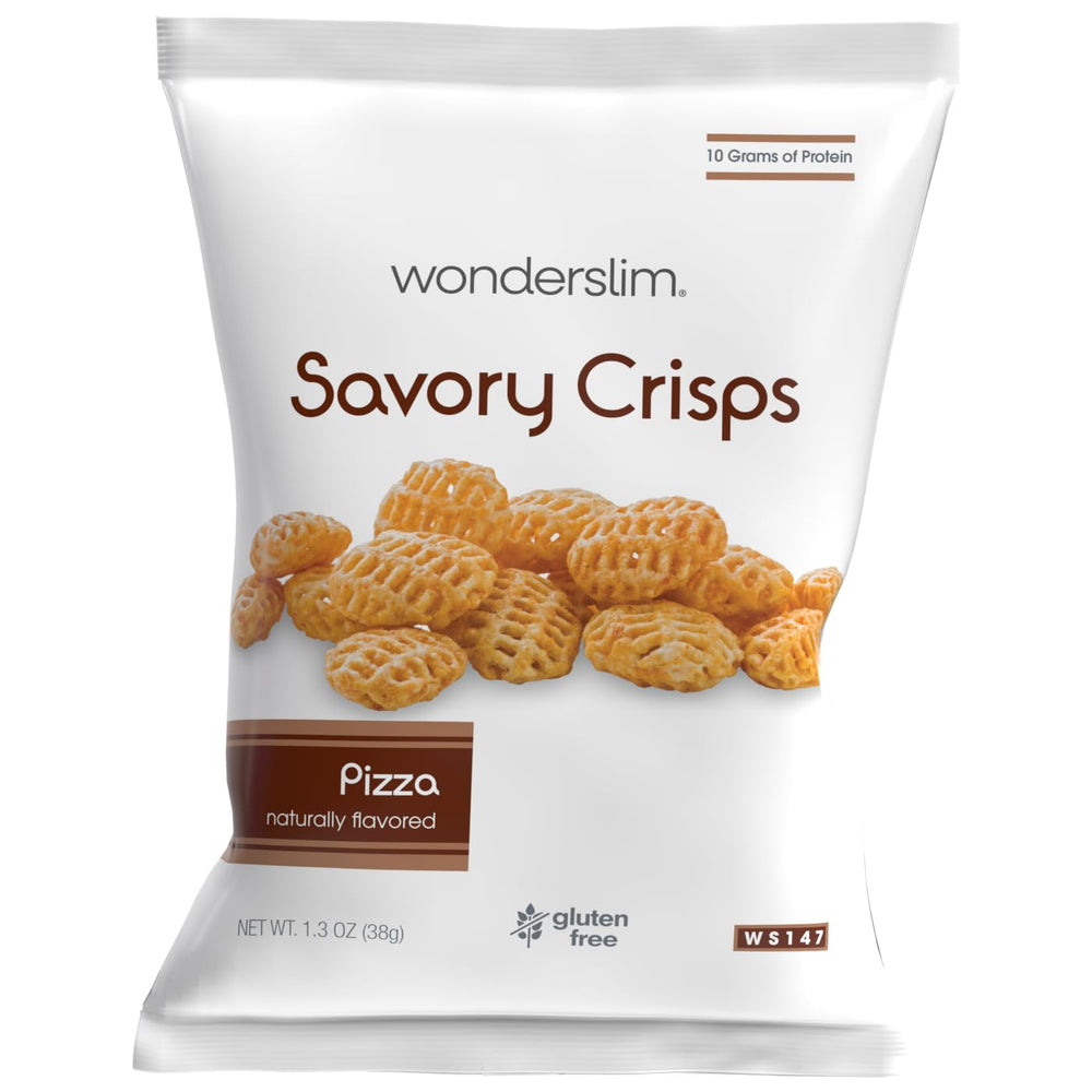 WonderSlim protein snack chips pizza bag shows crispy texture for on-the-go snacking.