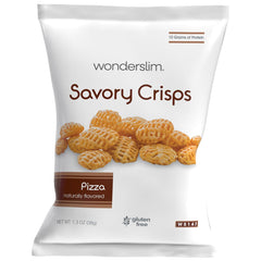 WonderSlim protein snack chips pizza bag shows crispy texture for on-the-go snacking.