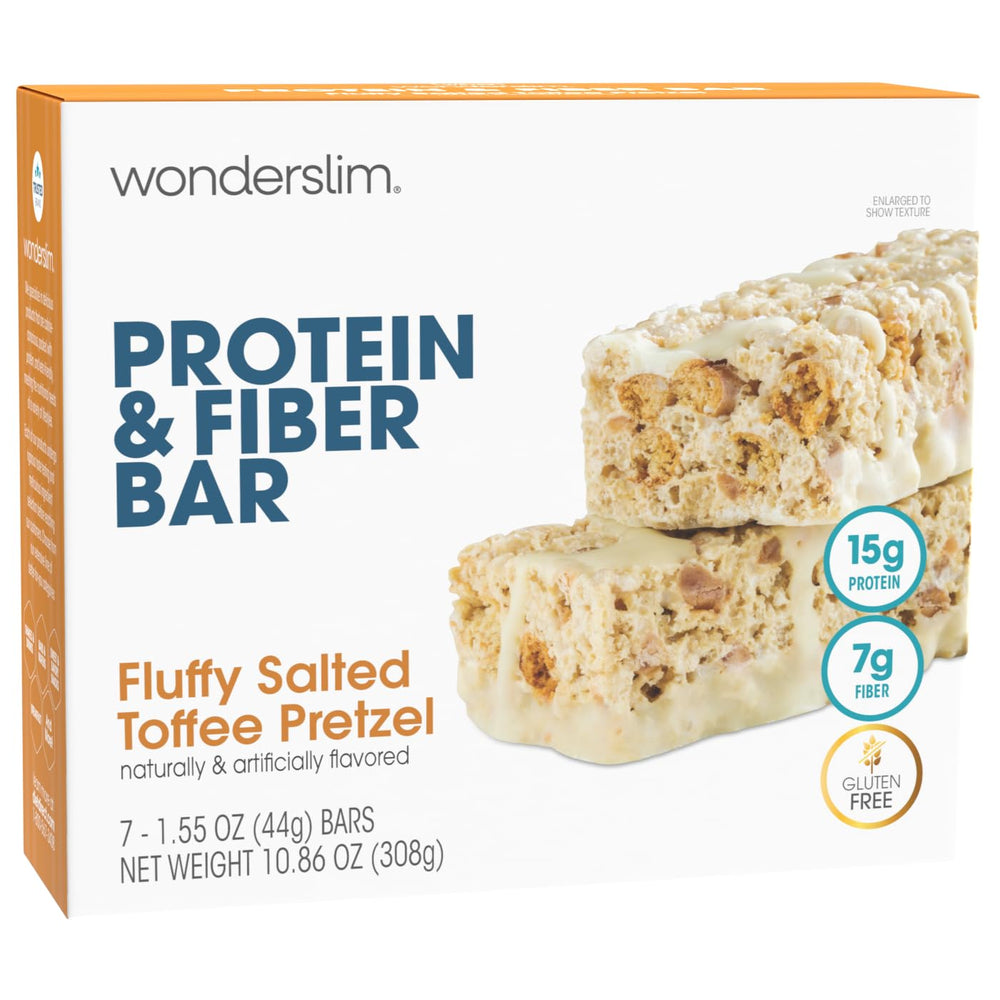 Wonderslim salted-toffee-pretzel bar packaging highlights convenient, high-protein snack.