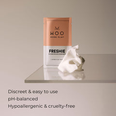 Woo More Play Freshies hypoallergenic label for sensitive skin protection