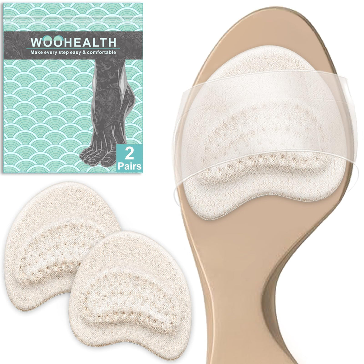 WOOHEALTH metatarsal pads in apricot packaging, easy to open and apply.