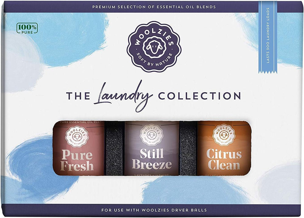 Woolzies Laundry Collection packaging highlights premium essential oils for fresh laundry scent