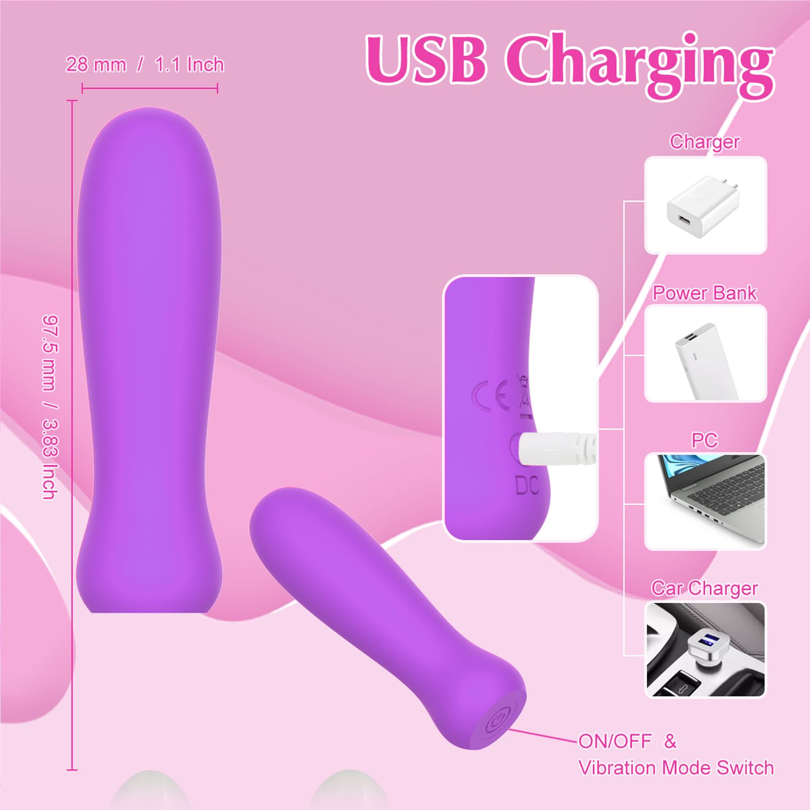 USB-rechargeable purple massager for on-the-go use.