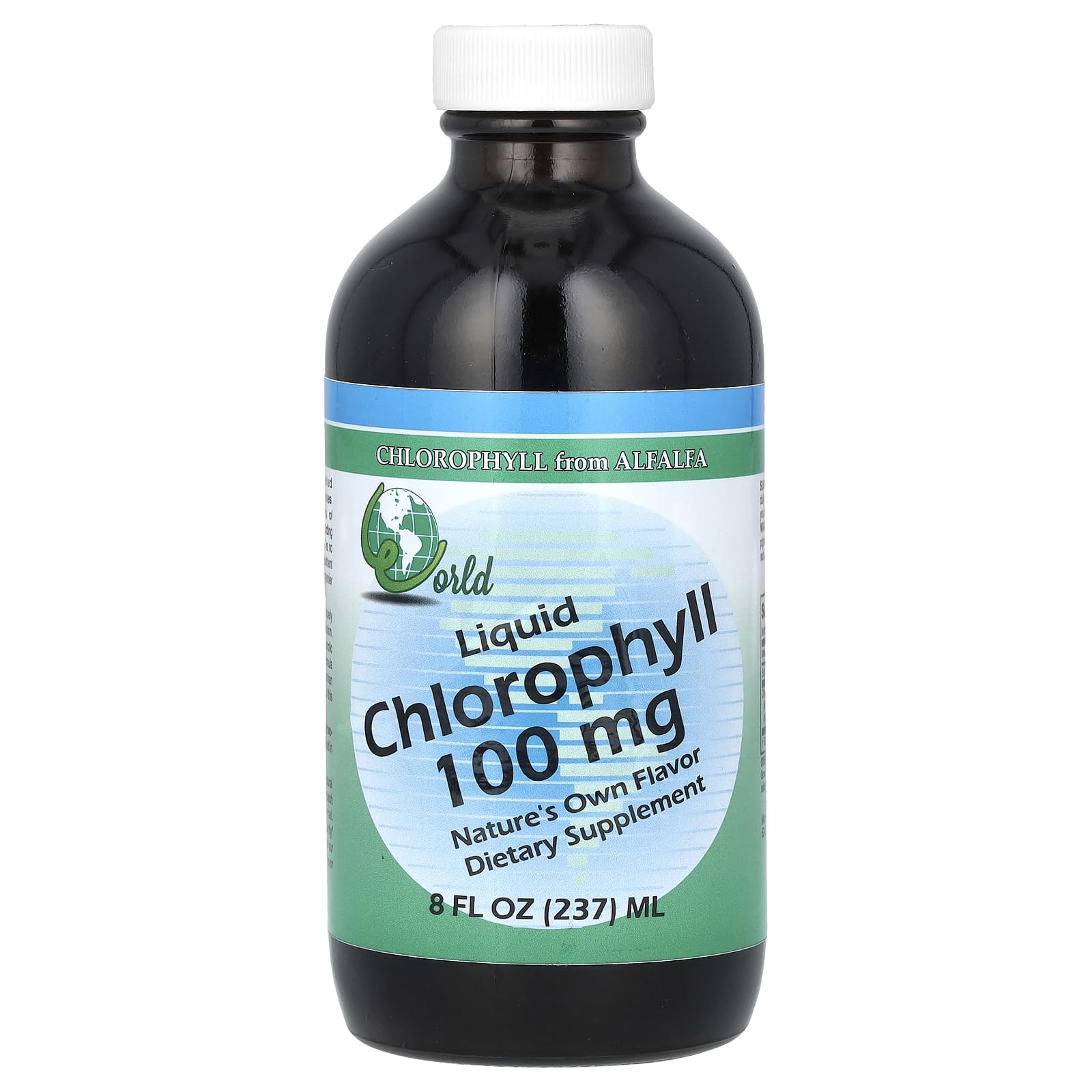 World Organic Chlorophyll Liquid 8oz bottle-pour for a convenient daily greens boost.