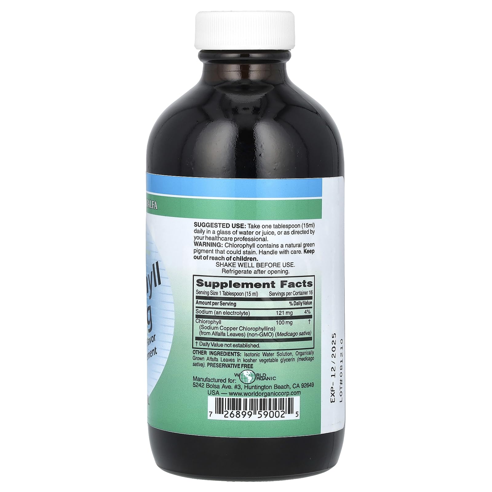 World Organic Chlorophyll Liquid 8oz label-closeup showing purity and dosage guidance.