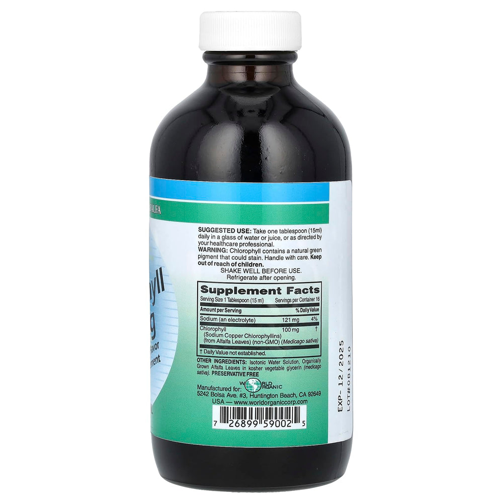World Organic Chlorophyll Liquid 8oz label-closeup showing purity and dosage guidance.