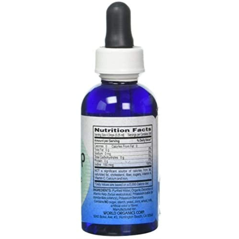 World Organic Kelp Liquid label close-up showing origin and ingredients.