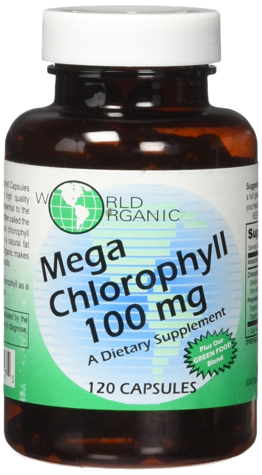 World Organic Mega Chlorophyll capsule bottle, convenient daily greens supplement for wellness routines.