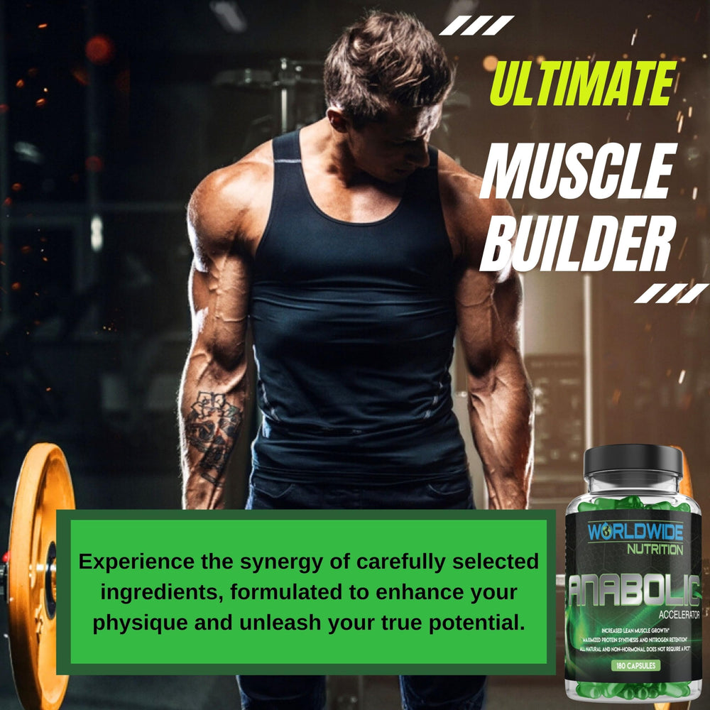 Worldwide Nutrition Anabolic Accelerator bottle side view emphasizing muscle health potential.