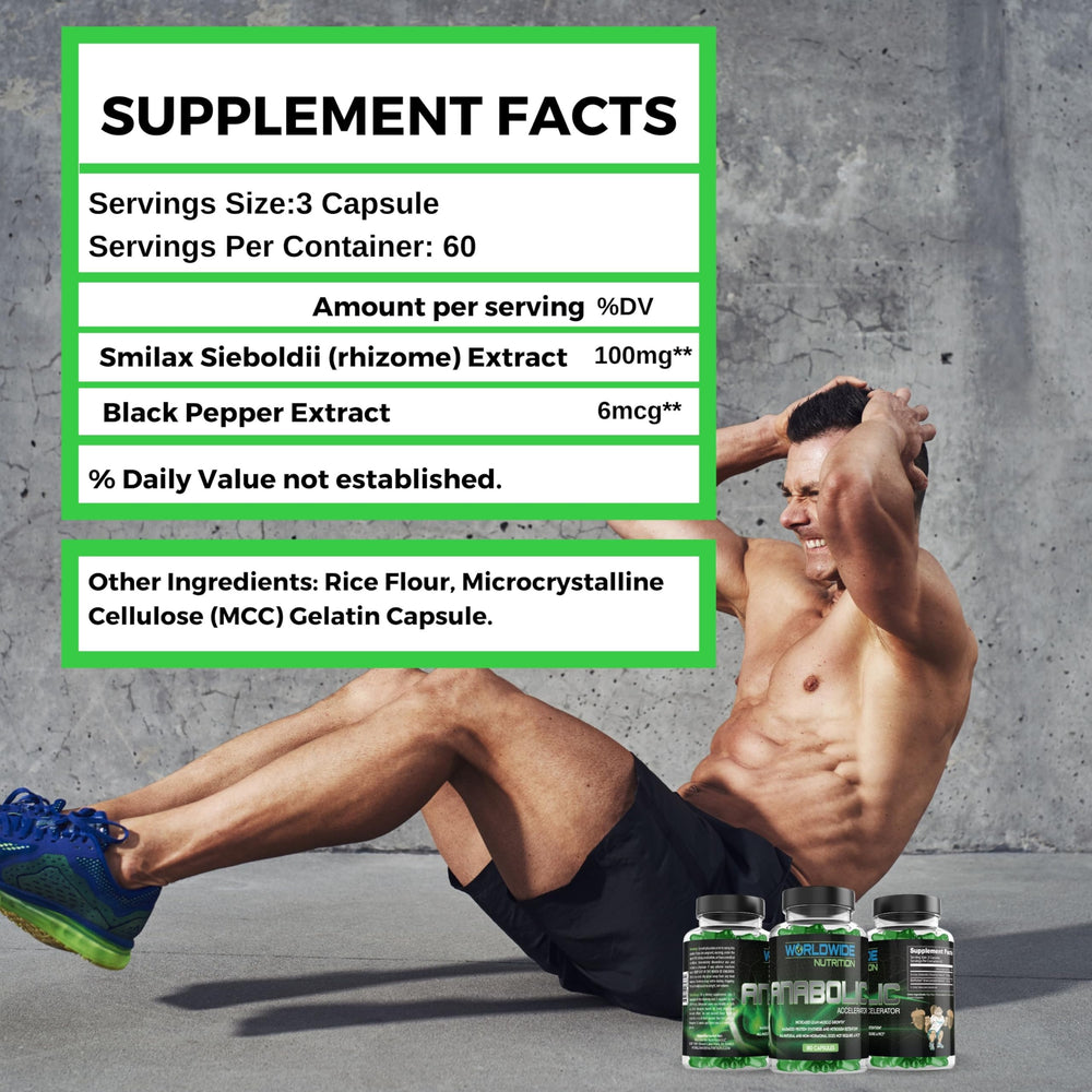 Worldwide Nutrition Anabolic Accelerator capsules — clear view for convenient workouts.
