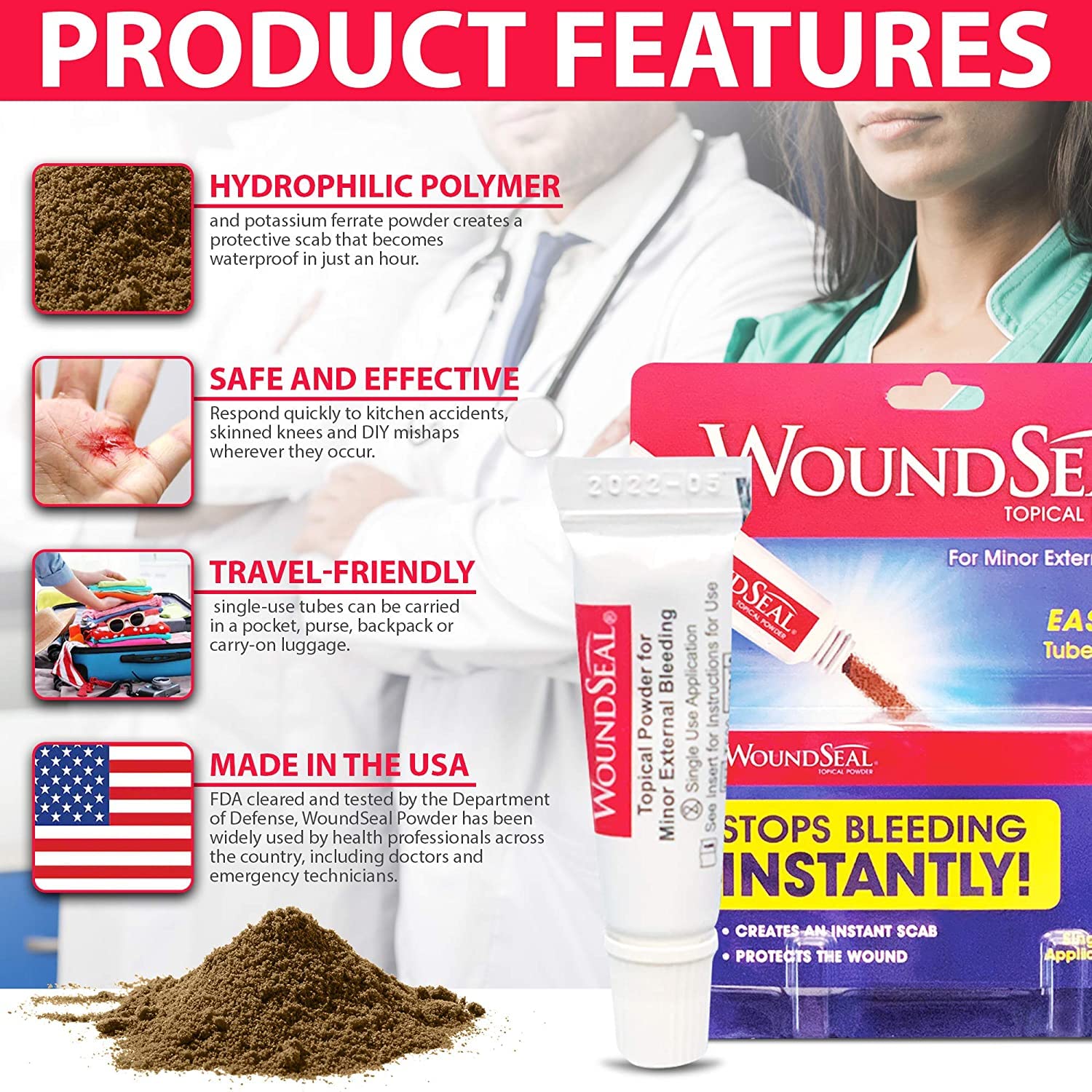 WoundSeal being pressed for 30 seconds to help stop bleeding.