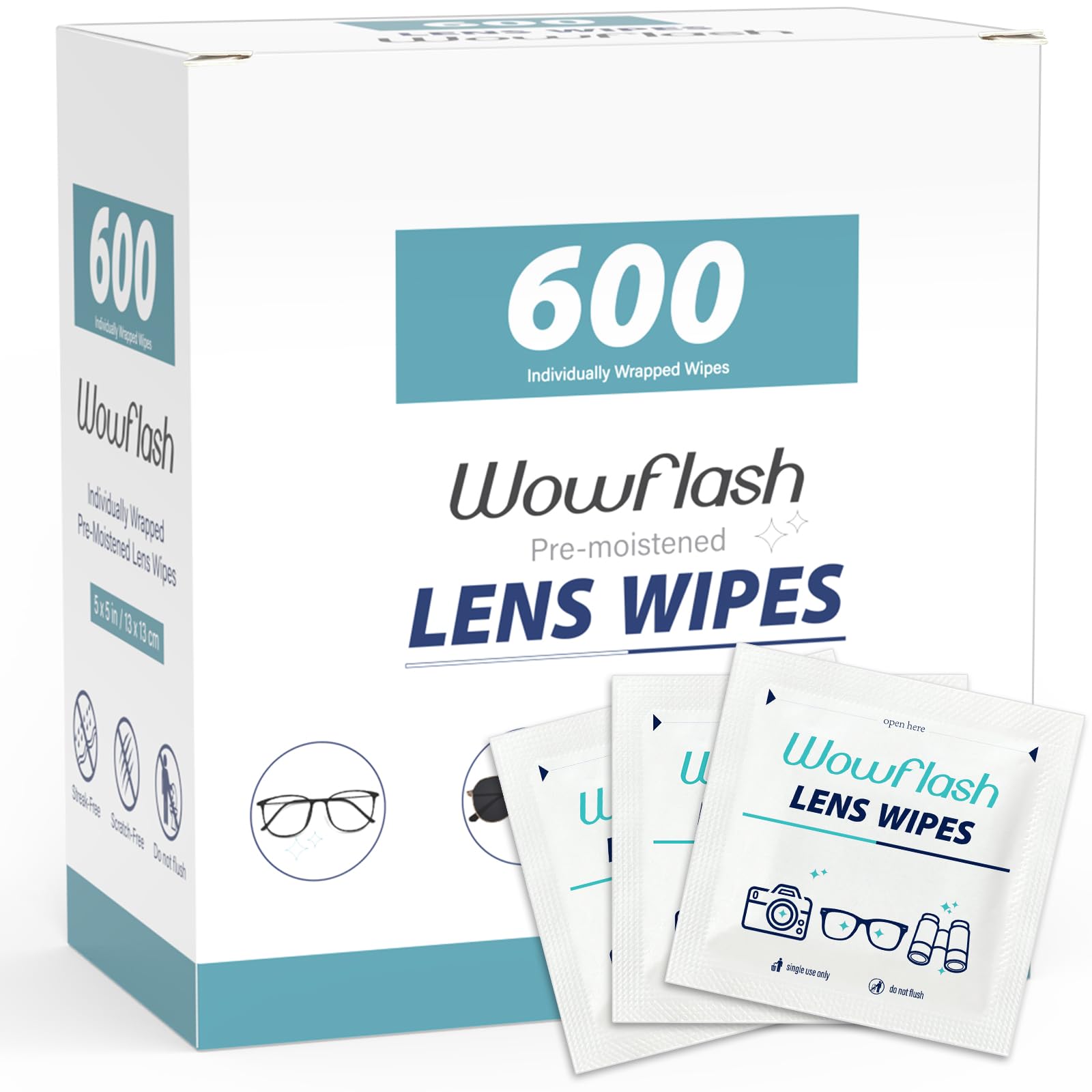 Wowflash eyeglasses lens wipes 600-count box for clear, streak-free vision.